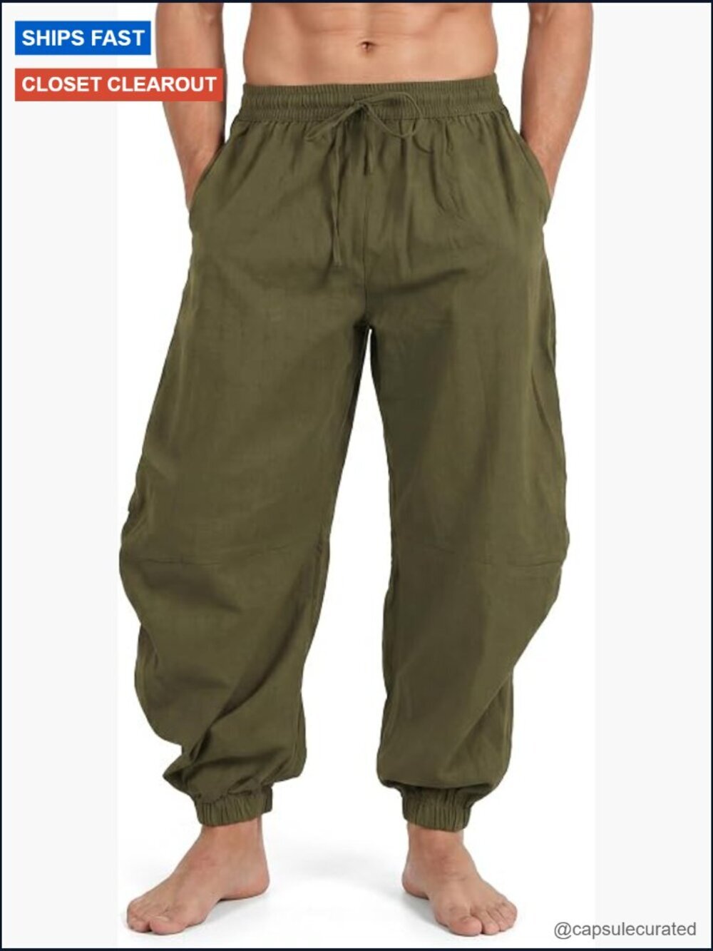 Mens Casual Cotton Linen Elastic Waist Drawstring Yoga Jogger Pants
